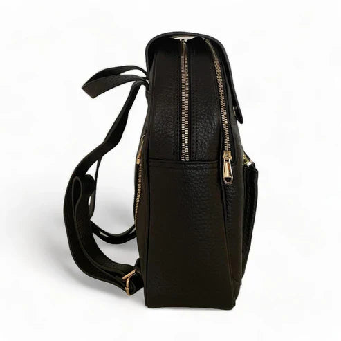 LeatherLuxe black leather women’s backpack with sleek minimalist design, adjustable shoulder straps, and gold hardware — perfect for work, travel, or everyday style.