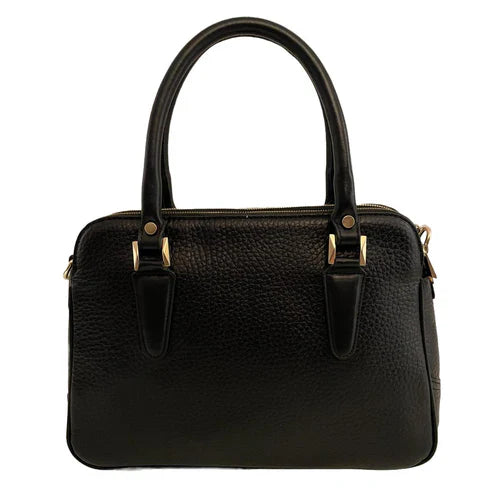 Premium black leather office bag for men and women, professional briefcase with sleek design, durable handle, and spacious compartments for laptop and documents.
