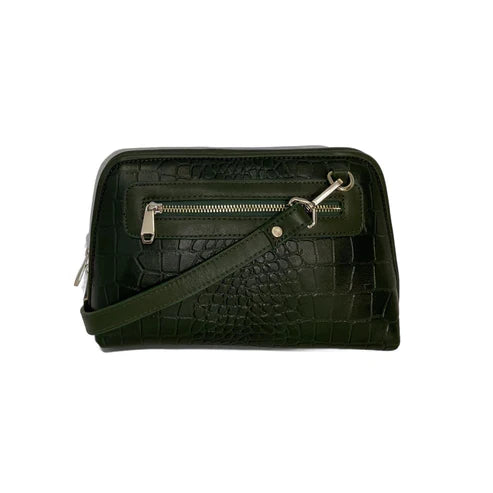 Elegant green crocodile-pattern leather clutch crossbody bag with gold hardware and detachable strap, perfect for evening or casual outings.