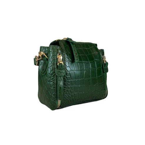 LeatherLuxe green crocodile-style mini handbag made of premium leather, featuring a sleek shoulder and crossbody strap — luxury designer accessory for women.