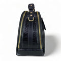 LeatherLuxe black leather women’s handbag – elegant crocodile-textured satchel bag with premium glossy finish and gold hardware.