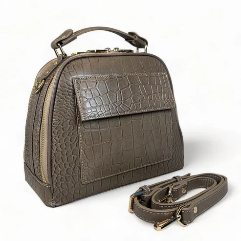 Khaki Leather Handbag with Shoulder Strap for Women
