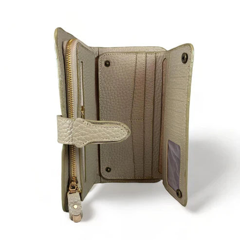 Elegant premium cream leather clutch by LeatherLuxe with sleek design and built-in phone compartment – luxury women’s accessory for everyday and evening use.