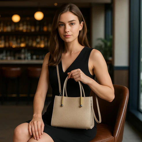 Cream Women's Leather Handbag with Shoulder Strap