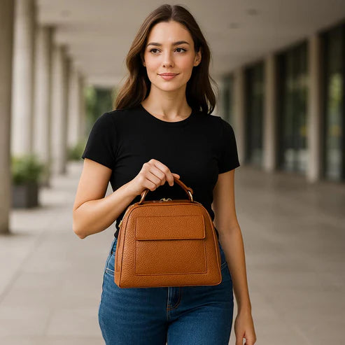 LeatherLuxe light brown leather tote bag with classic design, elegant stitching, and versatile style for everyday use.