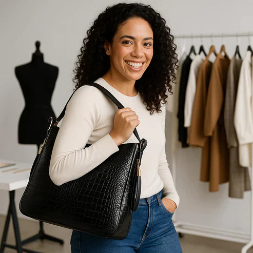 Premium Black Crocodile Leather Tote Bag front view
