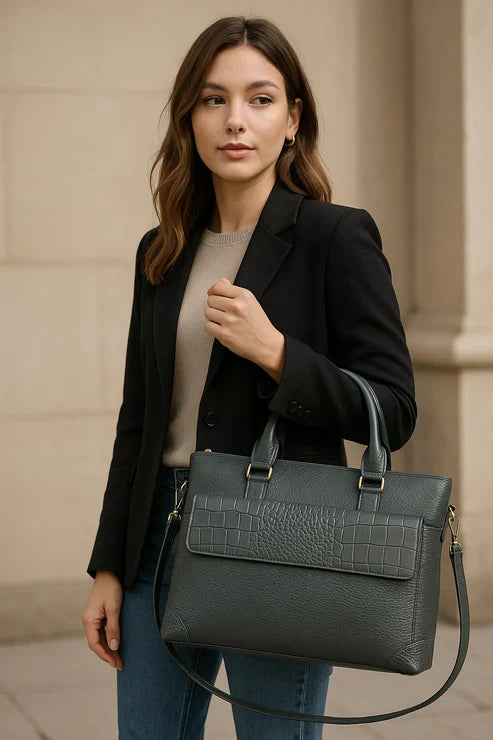 Gray Leather Laptop Bag – Front View
