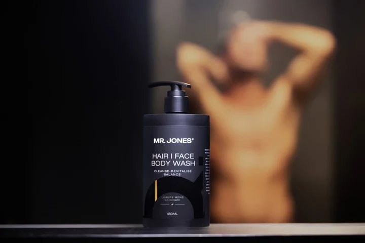 Mr Jones Men’s Hair, Face and Body Wash in sleek black packaging designed for all-in-one cleansing and grooming