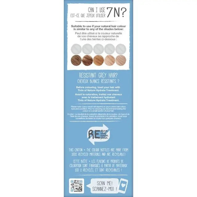 Product packaging with text and color swatches on a blue background