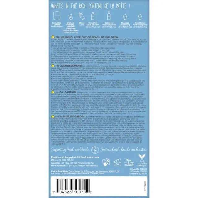 Back of a product packaging with text and barcodes on a blue background