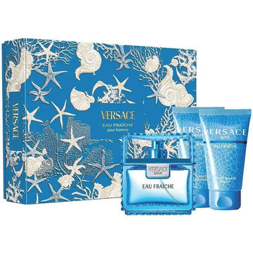Versace Eau Fraçèche perfume set with blue packaging featuring marine patterns.