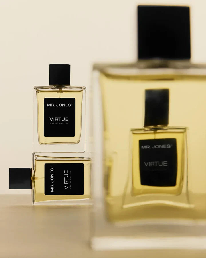 Virtue Eau De Parfum for men in sleek glass bottle with black label and cap, displayed with lifestyle shots and luxury background