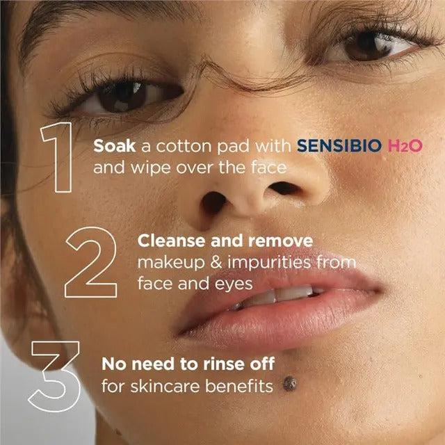 Bioderma Sensibio H2O micellar water cleanser for sensitive skin, removes makeup and soothes skin.